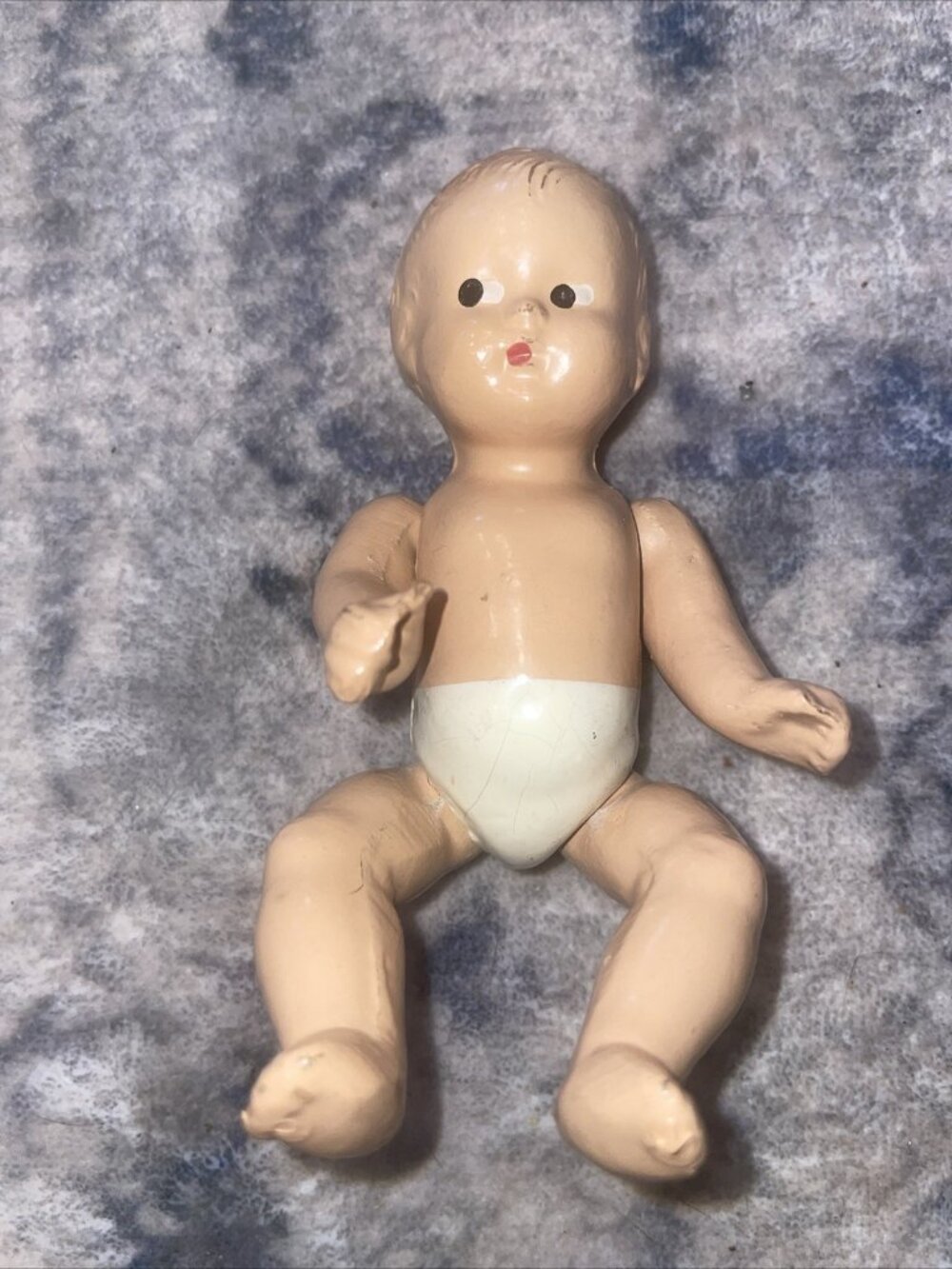 RARE Antique 1930s all Composition Baby Doll Jointed, Sits out Belly. 5". USA.